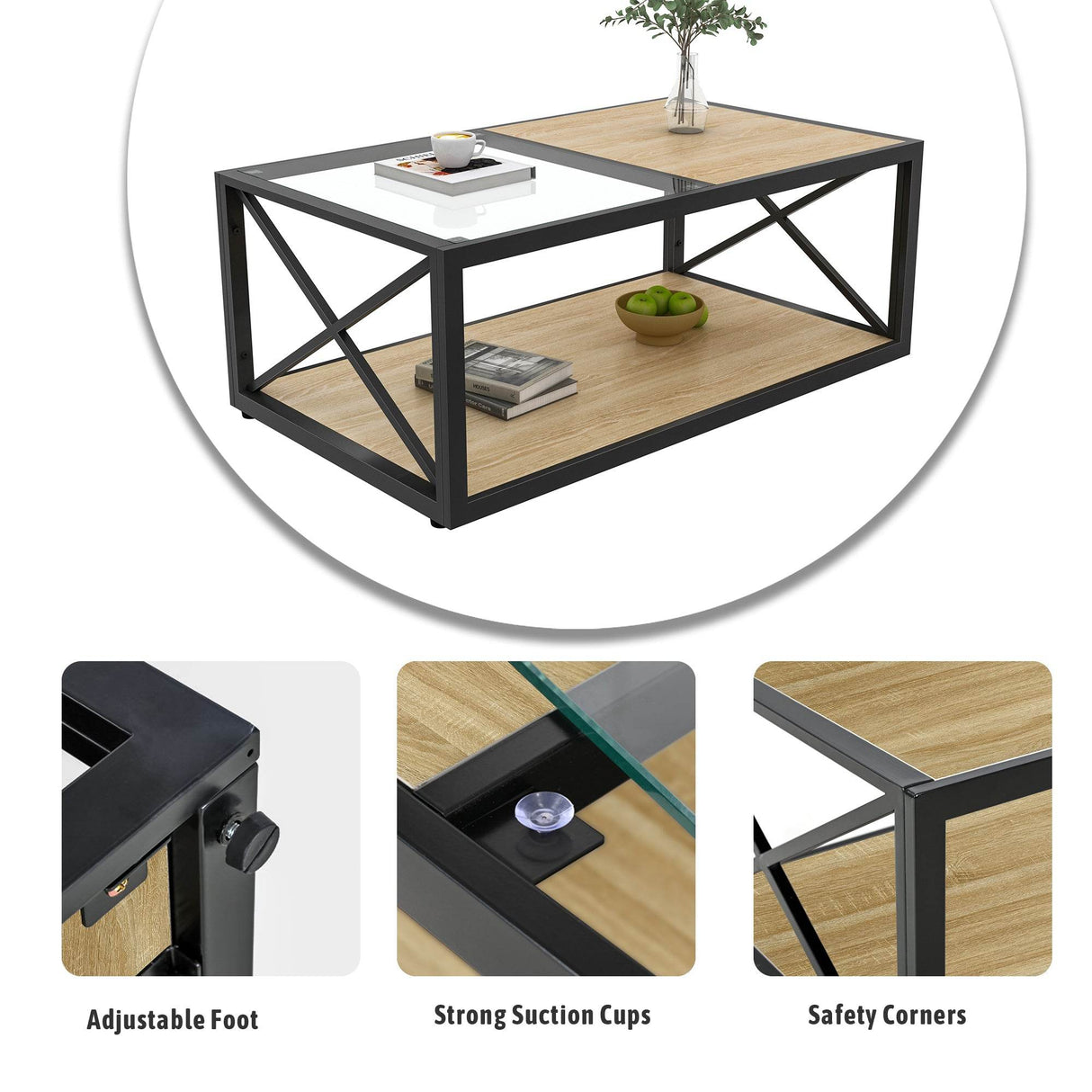Industrial Glass And Natural Wood Modern Coffee Table - Sleep Galleria
