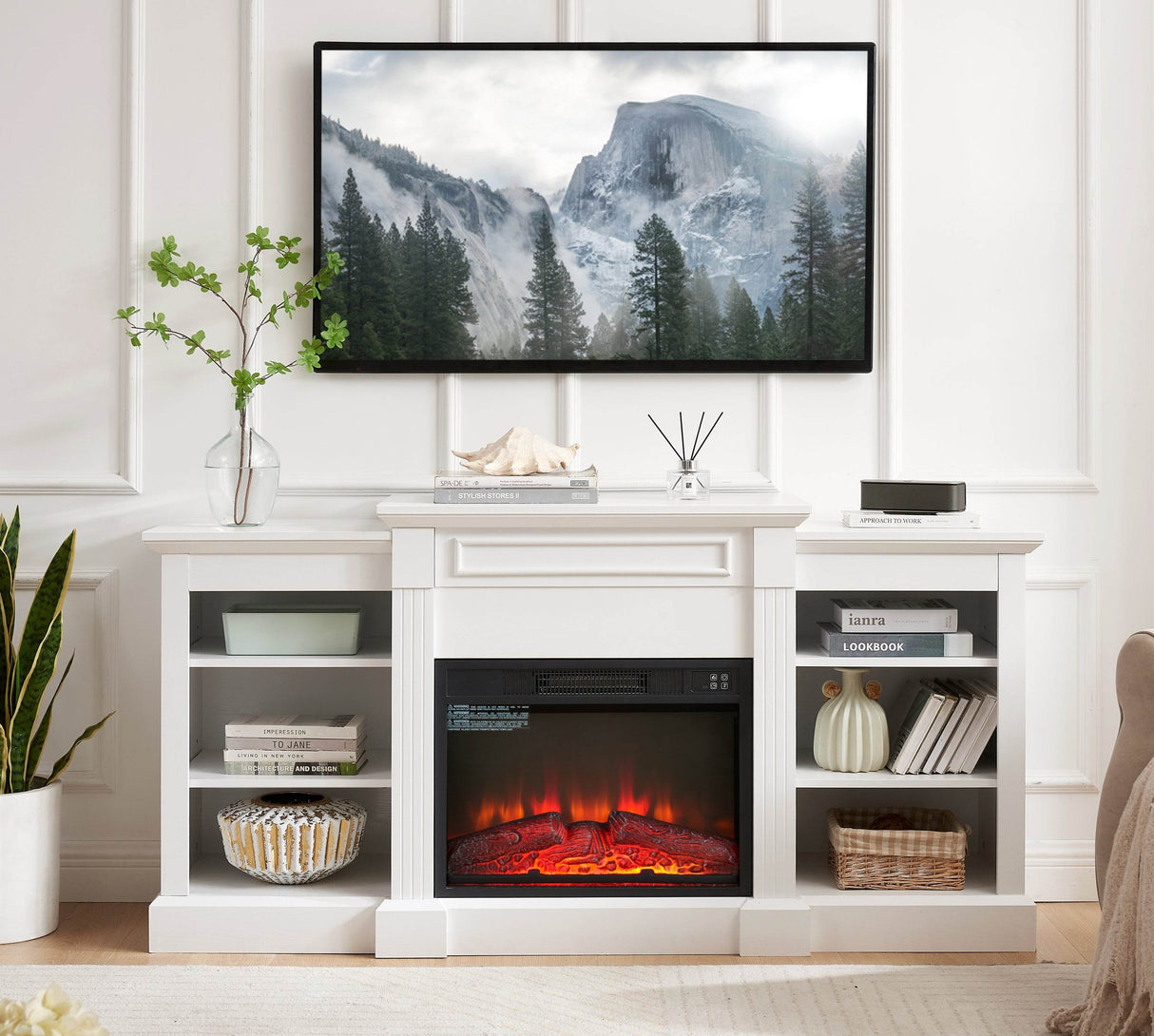 White Media Console Table With Fireplace Insert - Sleep Galleria