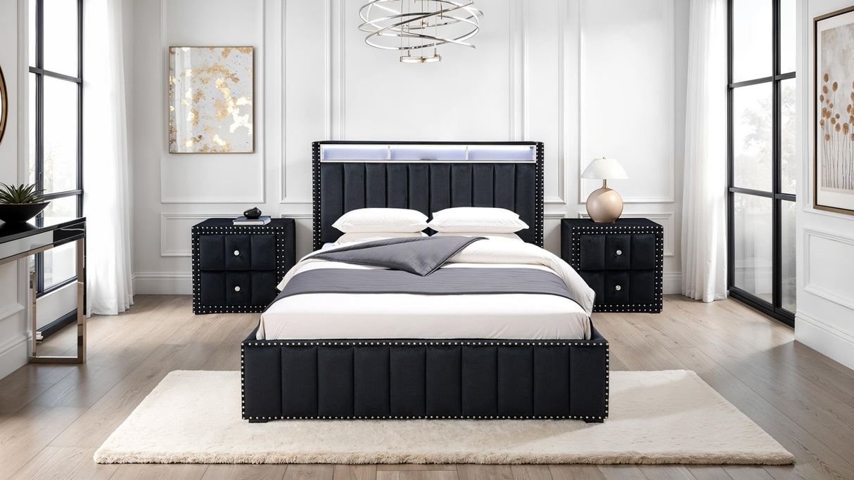 Queen Contemporary Black Fabric Upholstered Bedframe 3-Piece Set