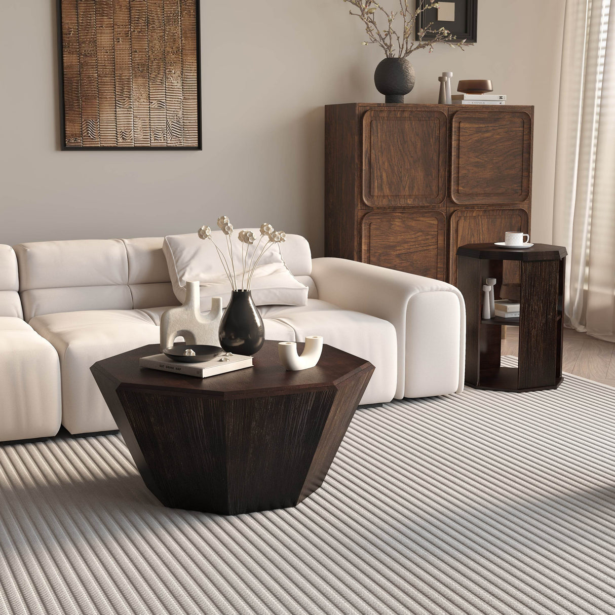 2-Piece Octagonal Black Walnut Rubber Wood Coffee Tables - Sleep Galleria