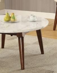White Marble Top Walnut Finish Round Coffee Table - Omega Lifestyles