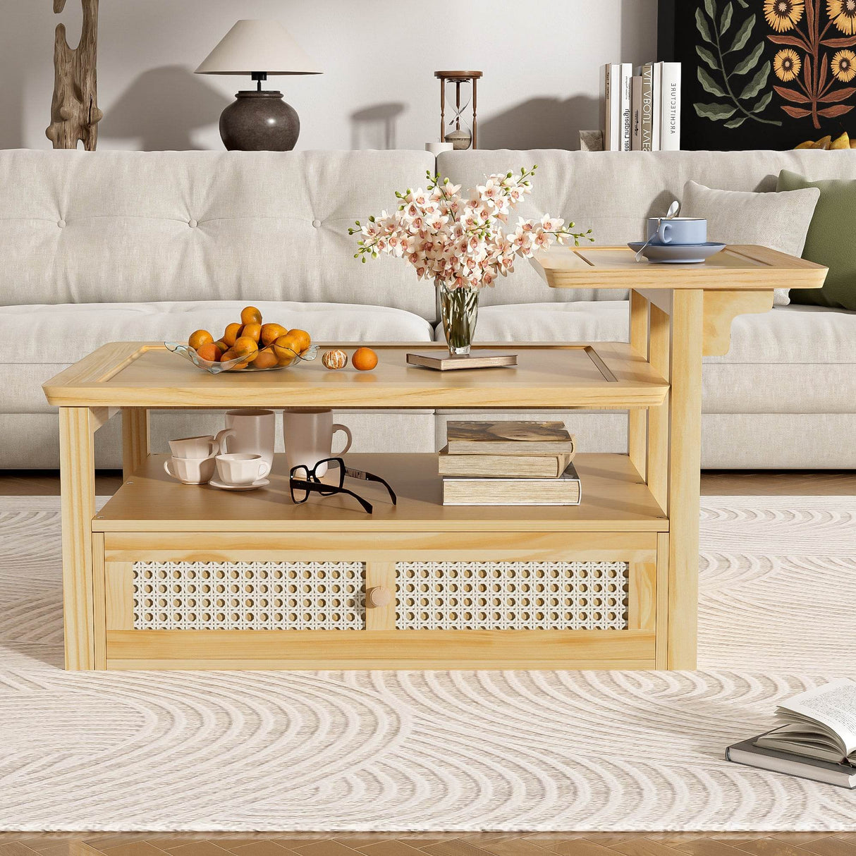 Modern Natural MDF Coffee Table With Rattan Drawer - Sleep Galleria