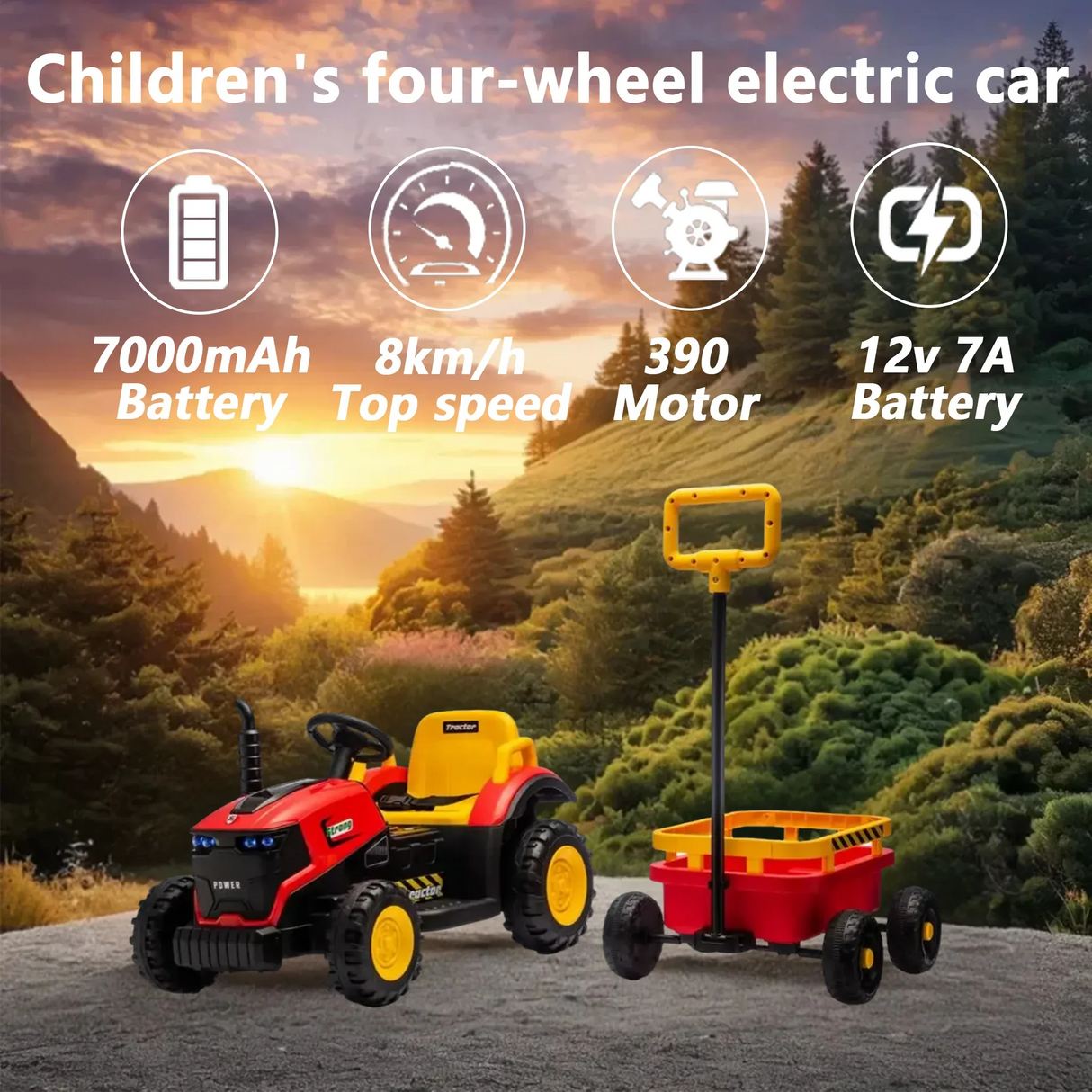 12V Kids Electric Ride On Tractor With Trailer and Lights - Omega Lifestyles