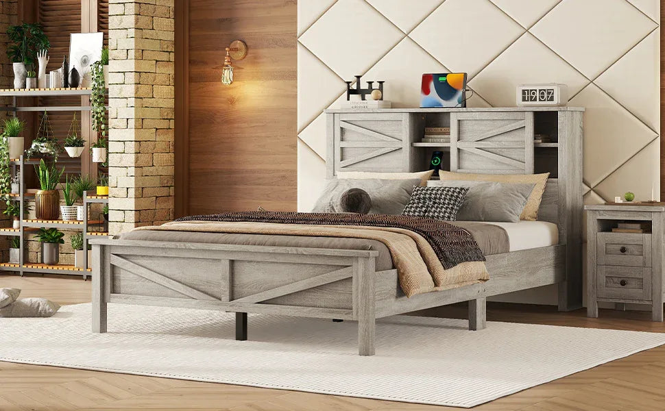 Queen Antique Gray Platform Bed With Sliding Barn Door Storage - Omega Lifestyles