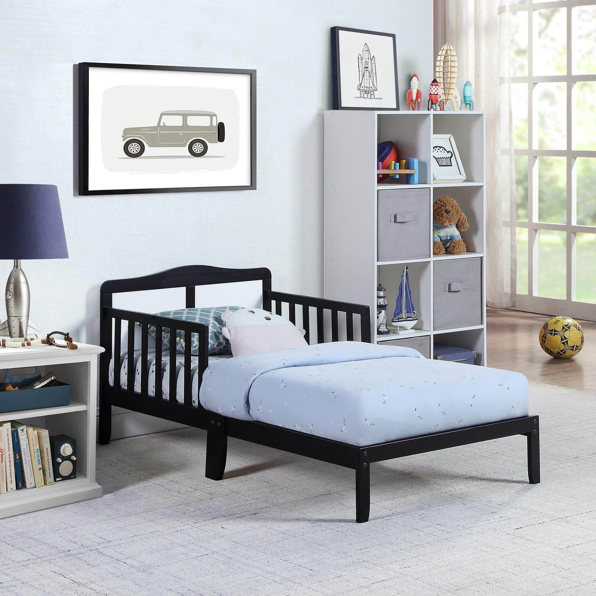 Solid Wood Black Toddler Bed With Safety Railings