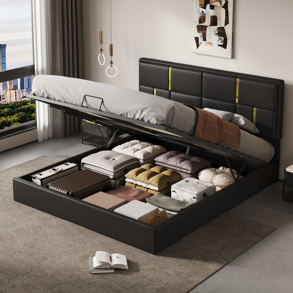 Queen Upholstered Platform Bed With Hydraulic Storage
