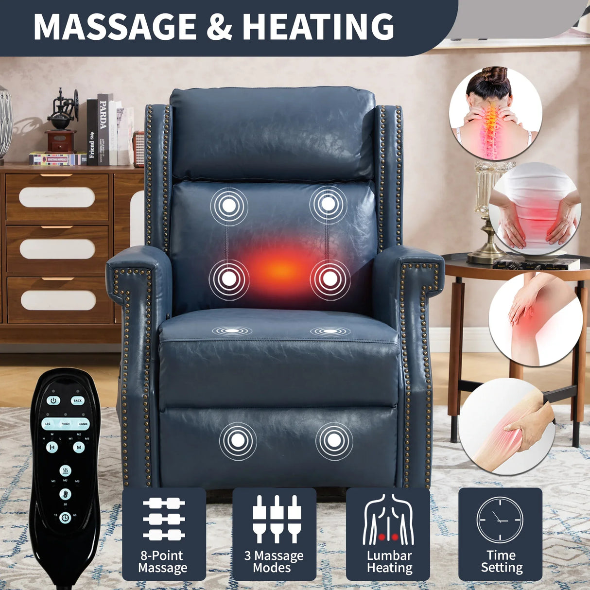 Blue Faux Leather Manual Recliner Chair With Massage Heat - Omega Lifestyles