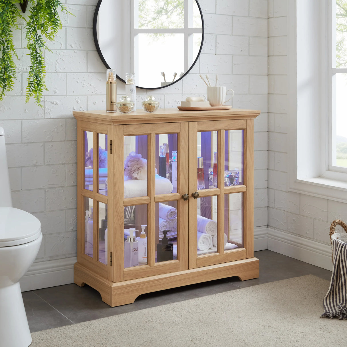 Antique Oak LED Glass Display Cabinet With Adjustable Shelves - Omega Lifestyles