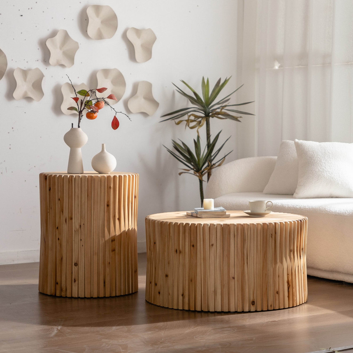 Set of 2 Natural MDF Fir Round Coffee Tables - Omega Lifestyles