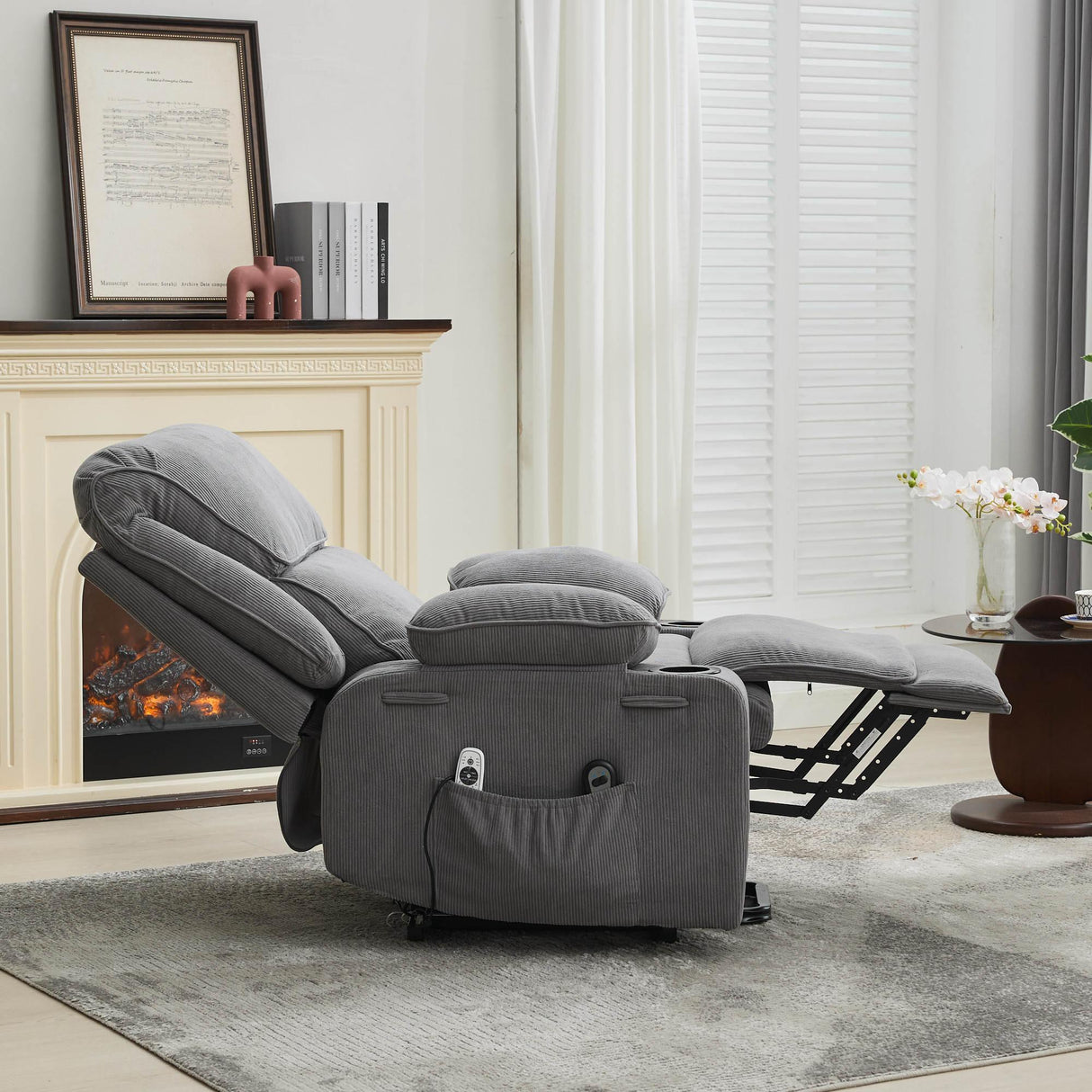Medium-Firm Corduroy Remote-Controlled Heating Massage Recliner - Omega Lifestyles