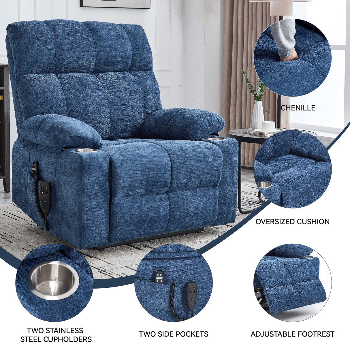Blue Medium-Firm Power Lift Recliner Chair With Massage - Omega Lifestyles
