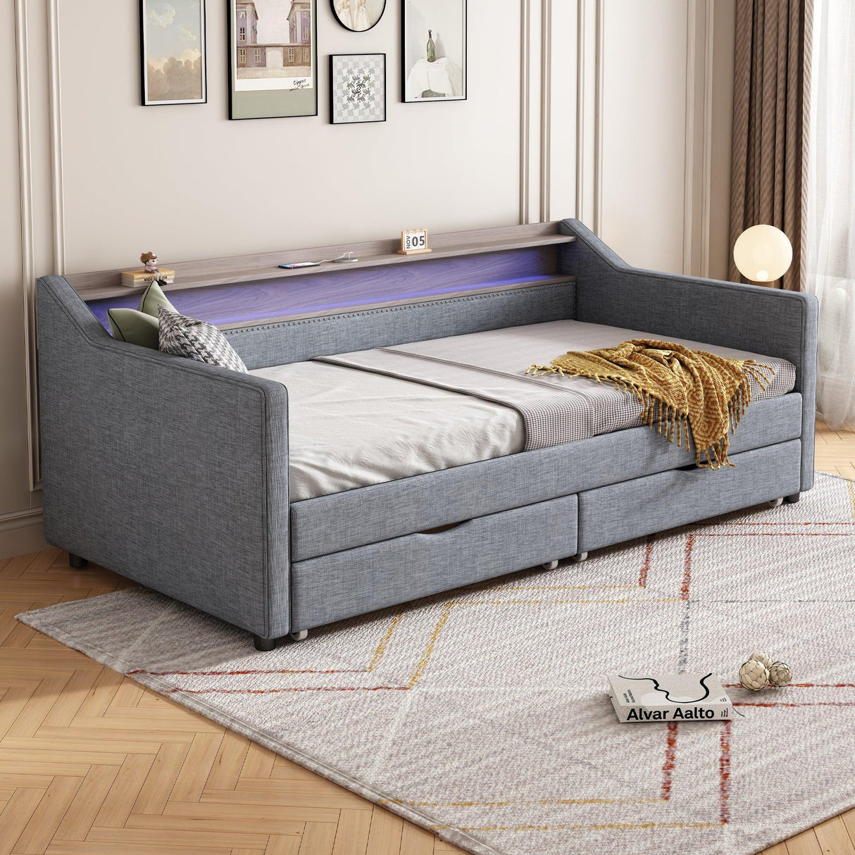Twin Linen Upholstered Daybed Frame With Storage Drawers - Omega Lifestyles