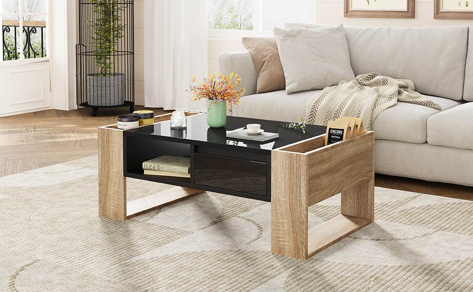 High Glossy Two Drawer Wood Grain Coffee Table - Sleep Galleria