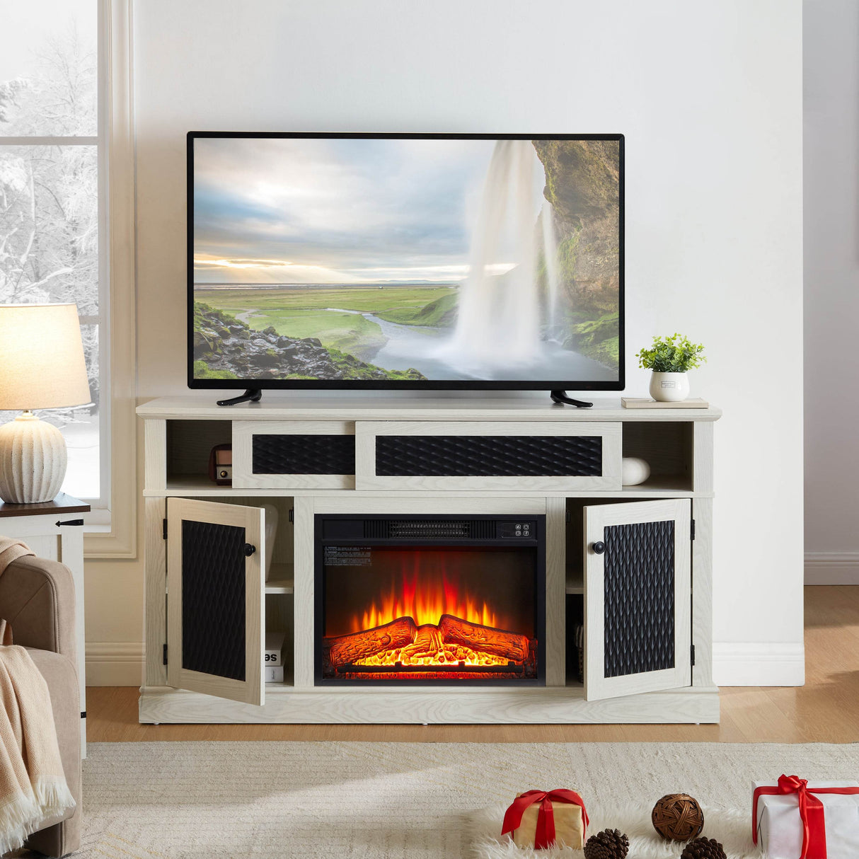 Embossed Oak Fireplace TV Stand With Storage - Sleep Galleria