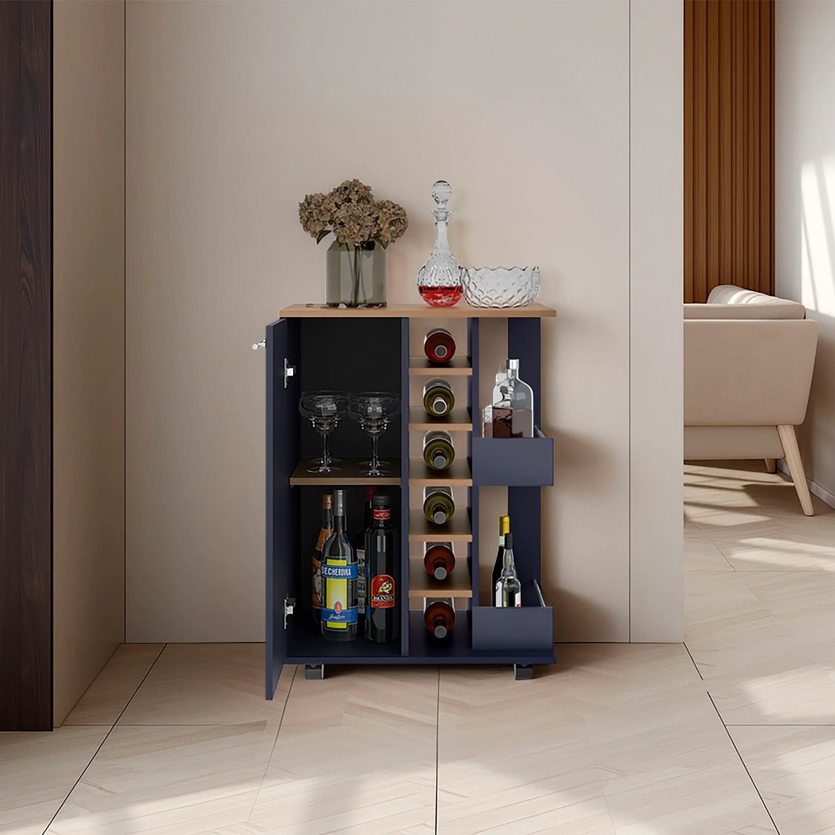 Modern Particle Board Bar Cabinet With Shelves - Omega Lifestyles