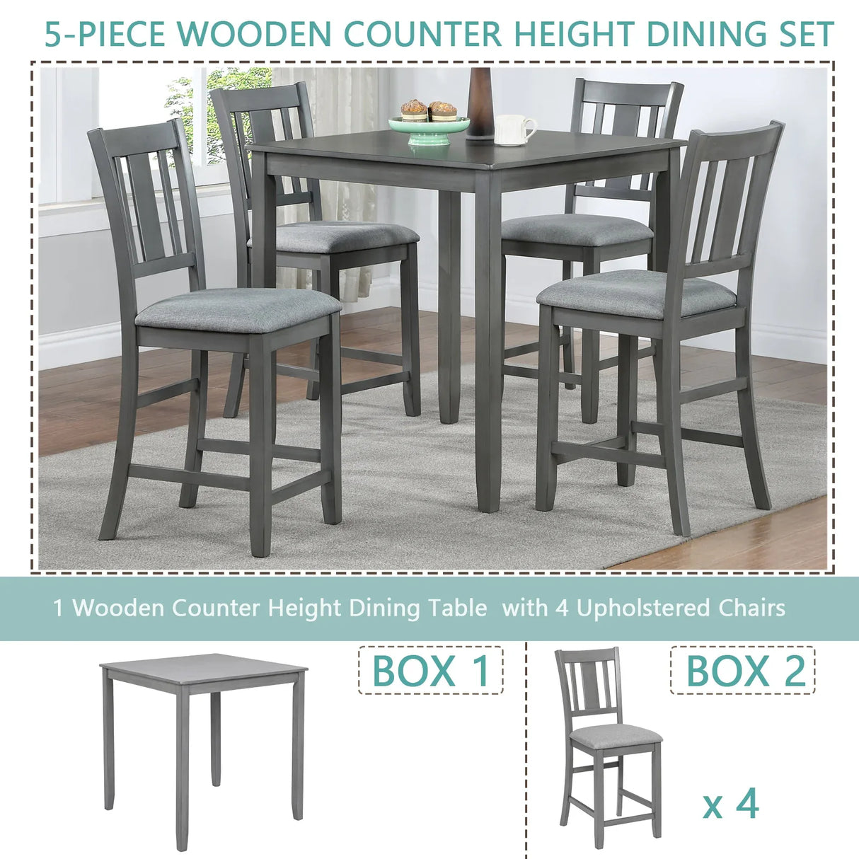 5-Piece Gray Acacia Wood Counter Height Dining Set - Omega Lifestyles