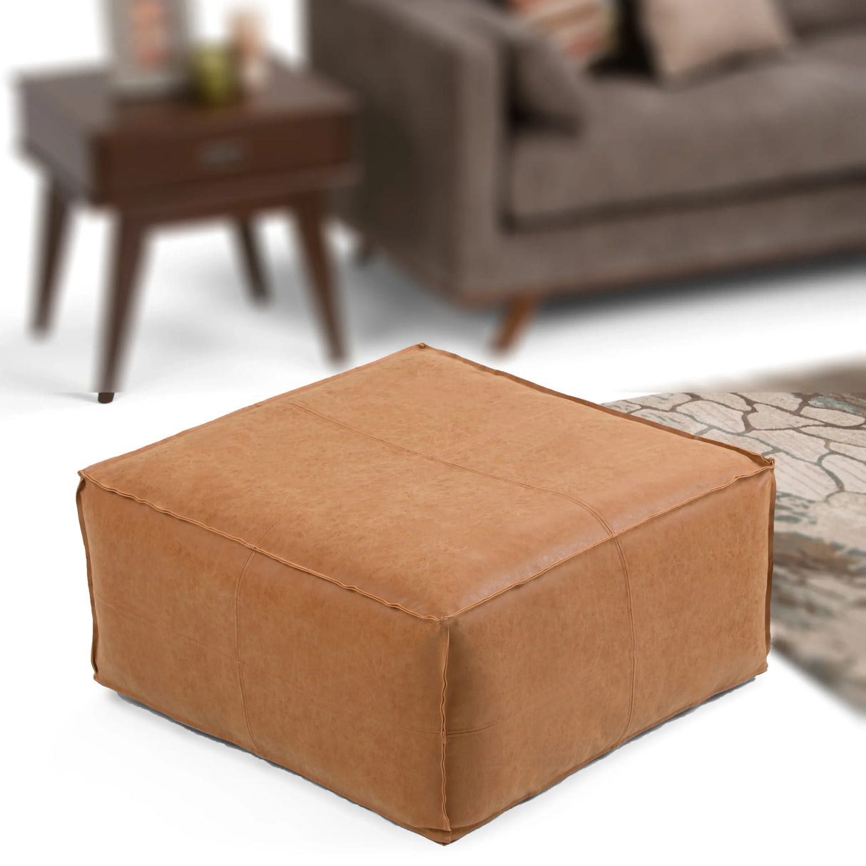 Distressed Brown Vegan Faux Leather Coffee Table Pouf - Omega Lifestyles