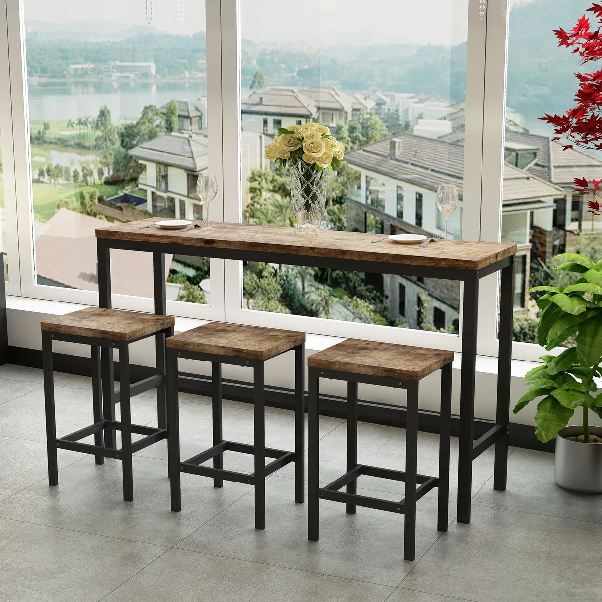 Modern Long Dining Table Set With 3 Stools - Omega Lifestyles