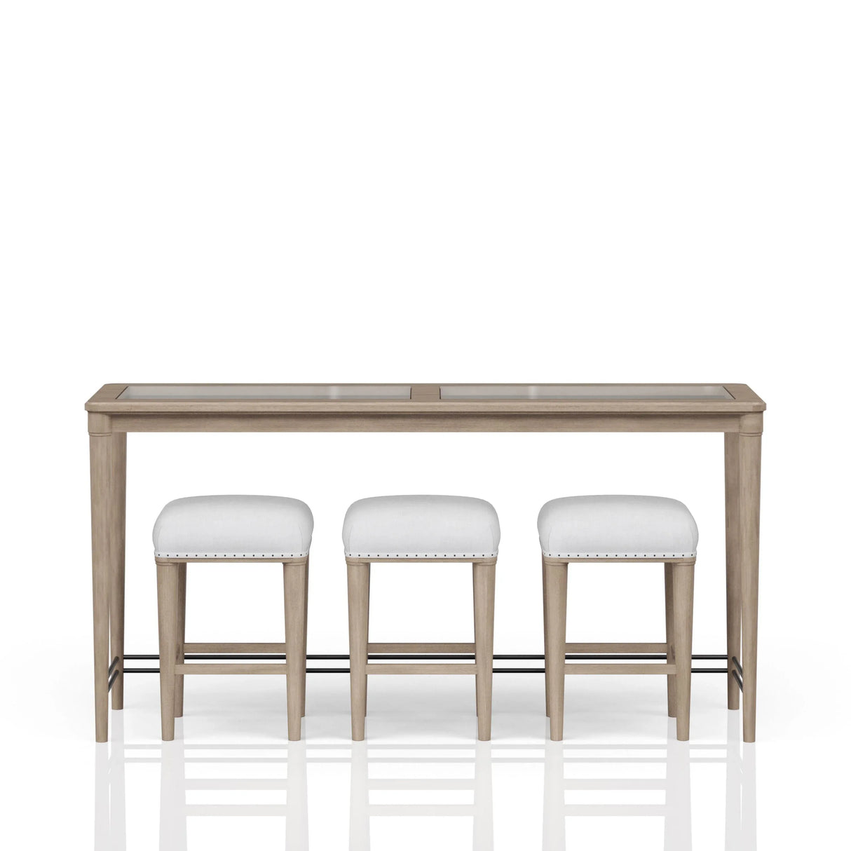 Transitional Sand Finish Frosted Glass Console Table With Stools - Omega Lifestyles