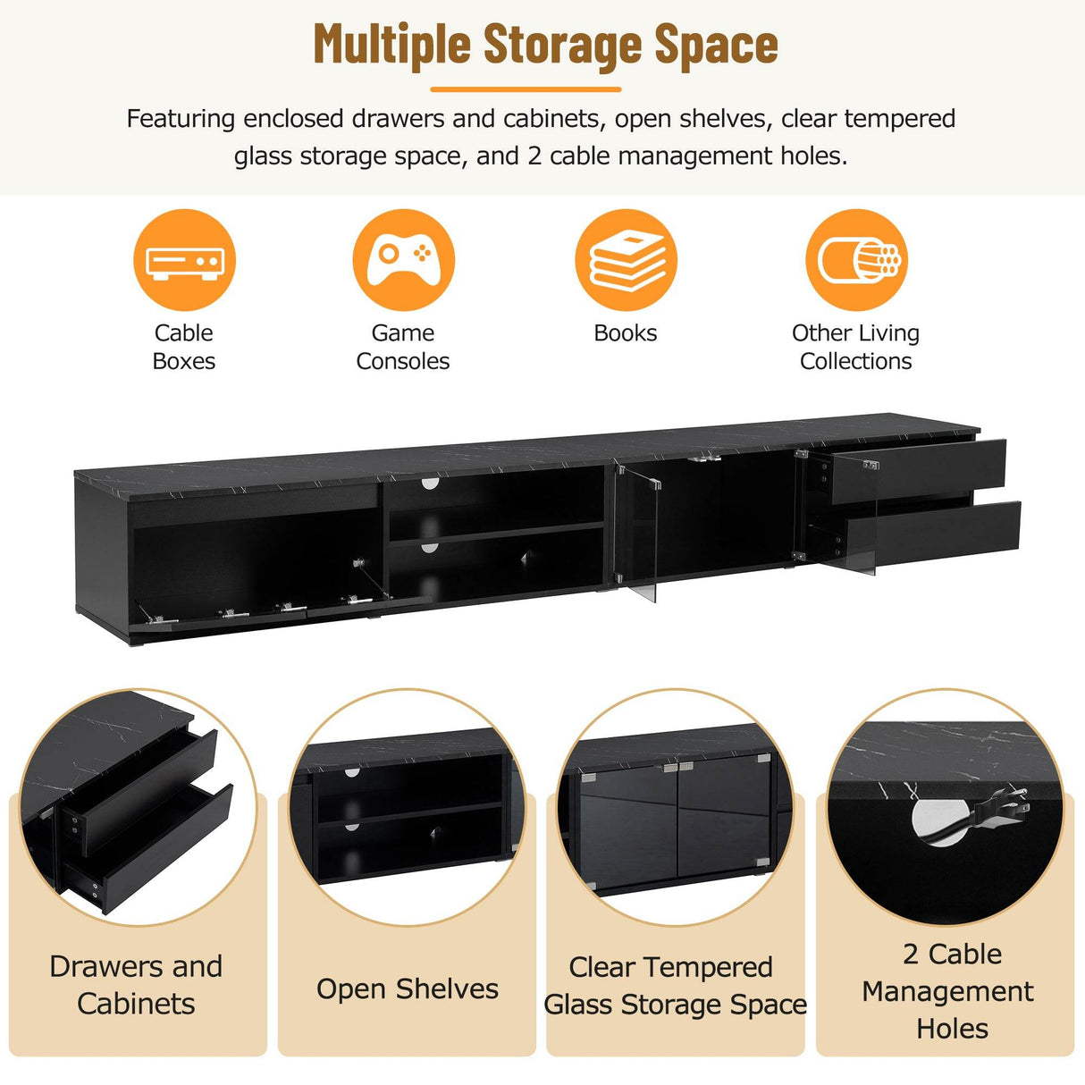 Modern APP Controlled LED Black Marble TV Stand - Sleep Galleria