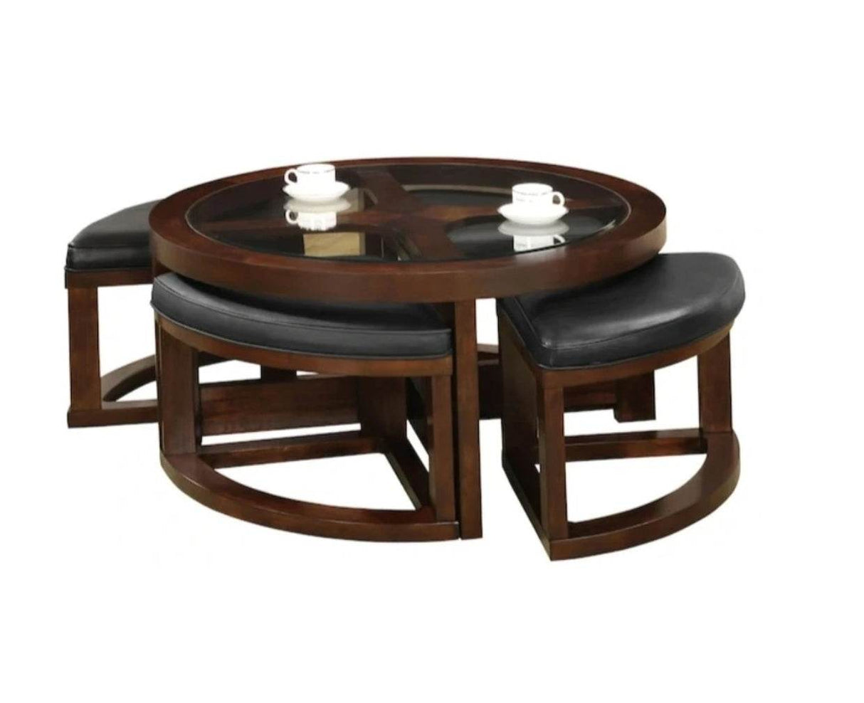 Dark Walnut Solid Wood Coffee Table With Ottomans - Sleep Galleria