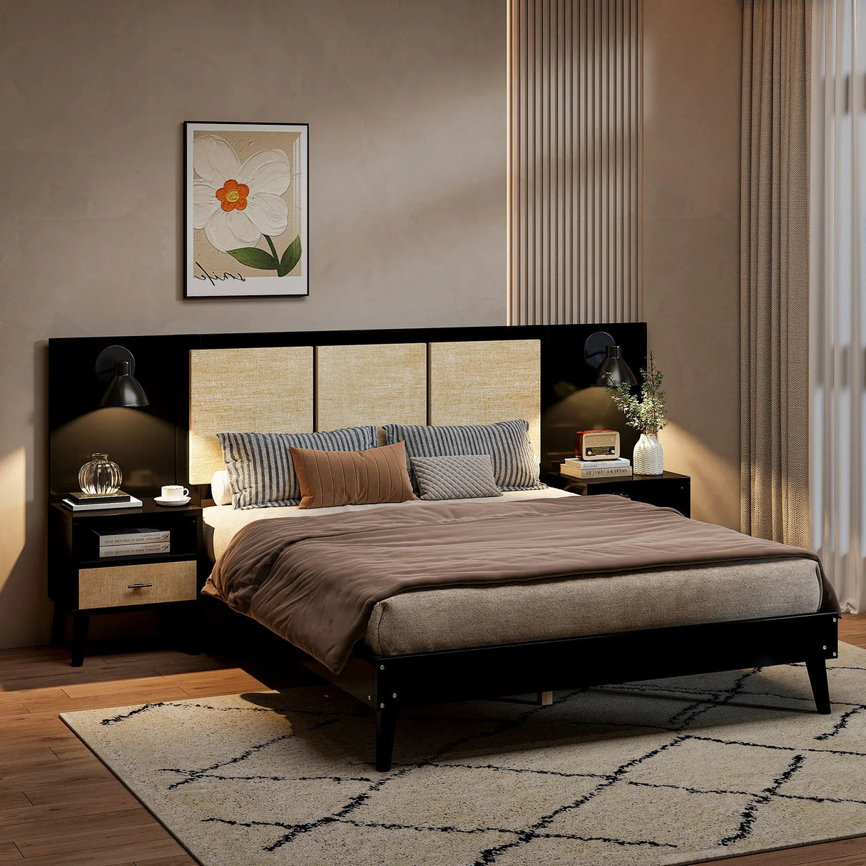 Queen Solid Wood Platform Bed Frame With Nightstands And Lamps - Omega Lifestyles