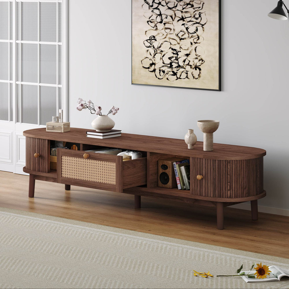 Modern Solid Wood Rattan Media Console TV Stand - Sleep Galleria