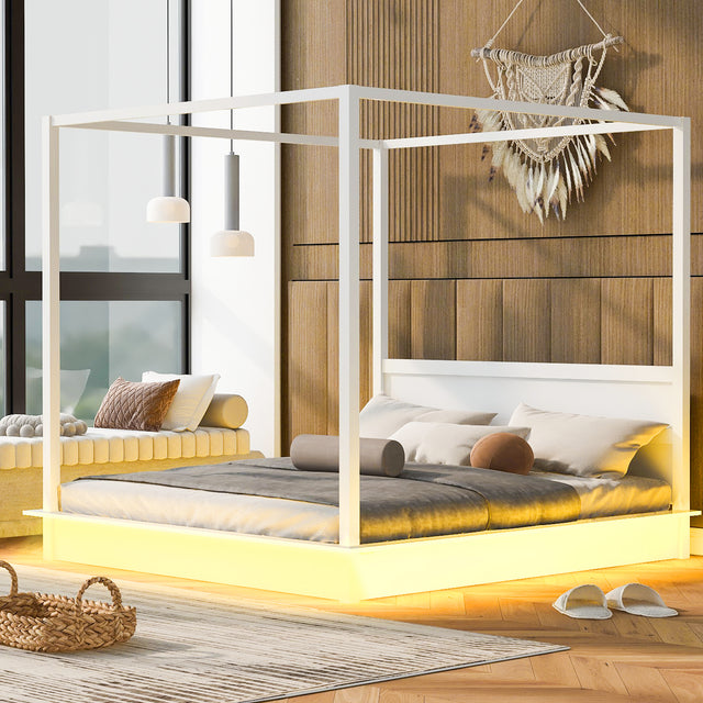 King LED Wooden Canopy Platform Bed Frame