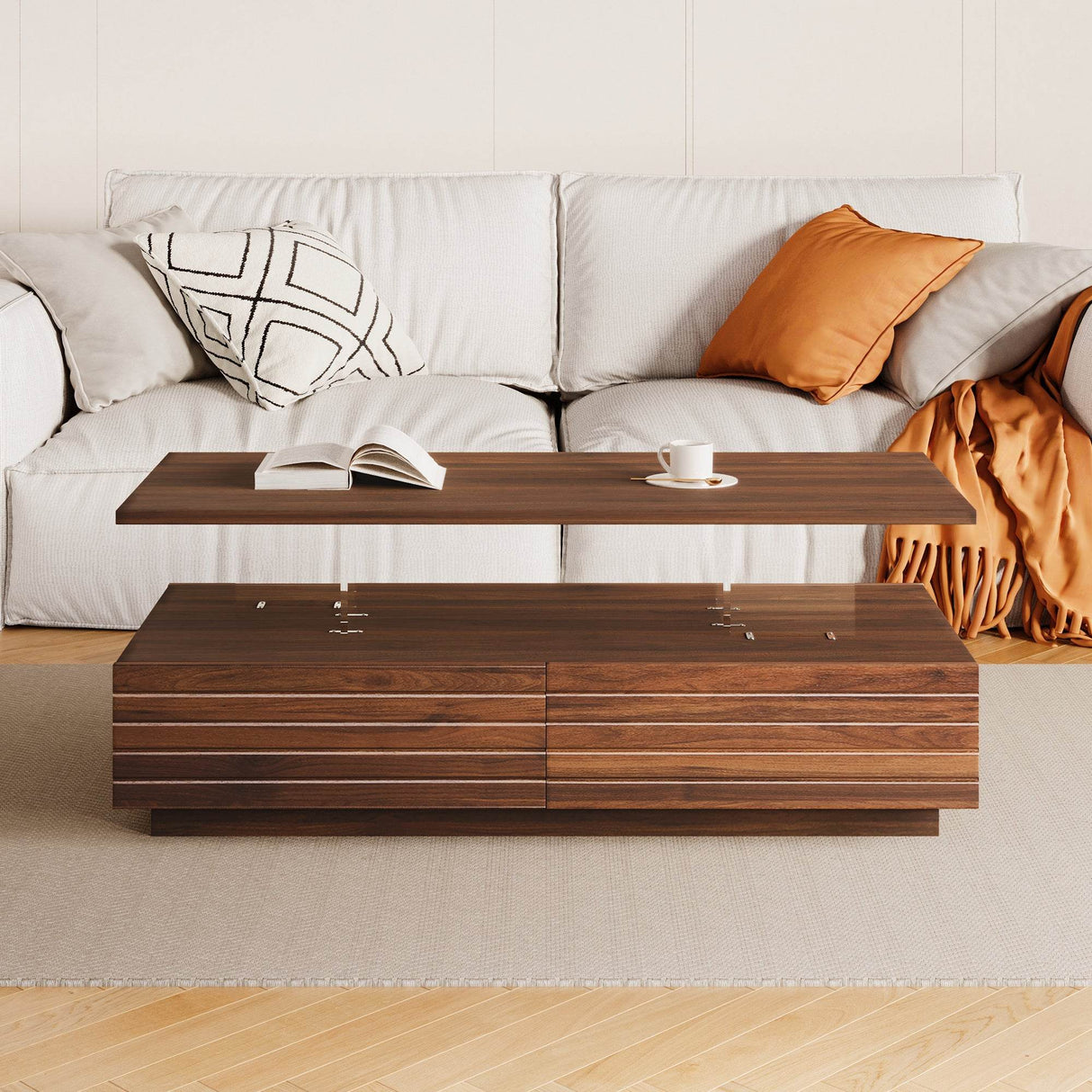 Modern Walnut Rectangle Coffee Table With LED Lights - Sleep Galleria