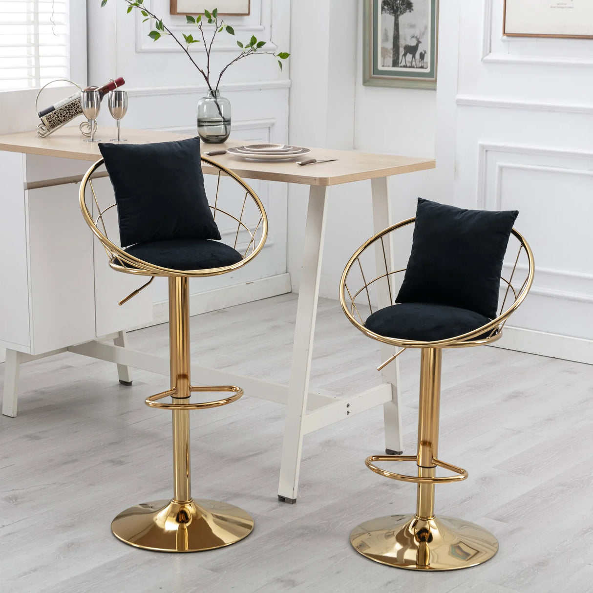 Set Of 2 Black Velvet Adjustable Height Bar Chairs - Omega Lifestyles