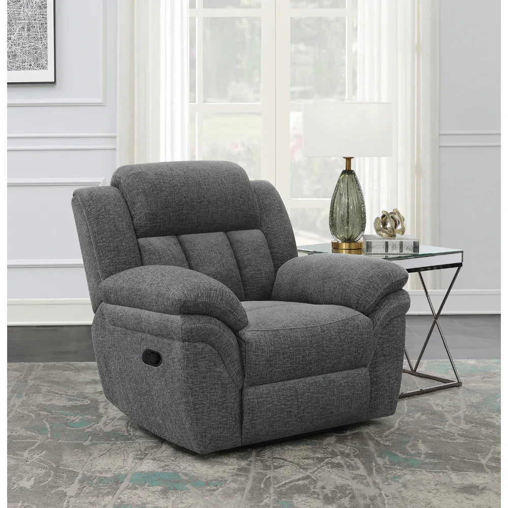 Charcoal Upholstered Glider Recliner With Cushioned Arms - Omega Lifestyles
