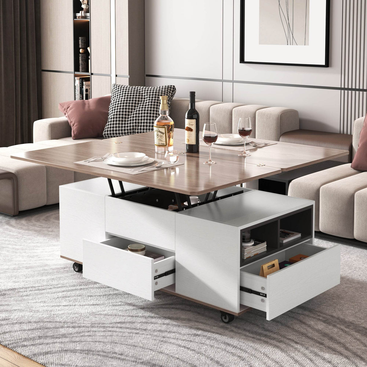 Modern Walnut White Lift Top Coffee Table With Drawers - Sleep Galleria
