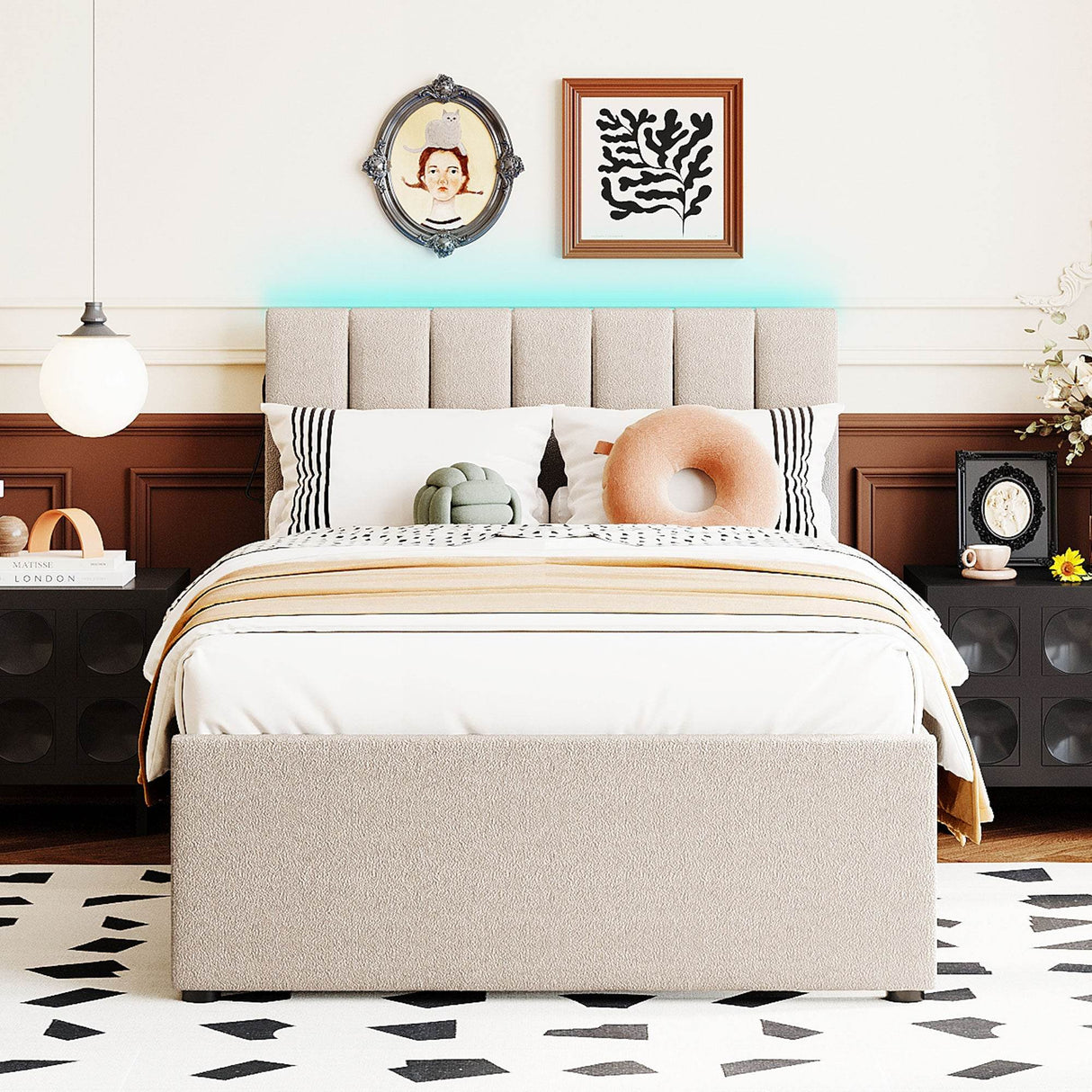 Twin Upholstered Platform Bed With LED Light Trundle - Omega Lifestyles