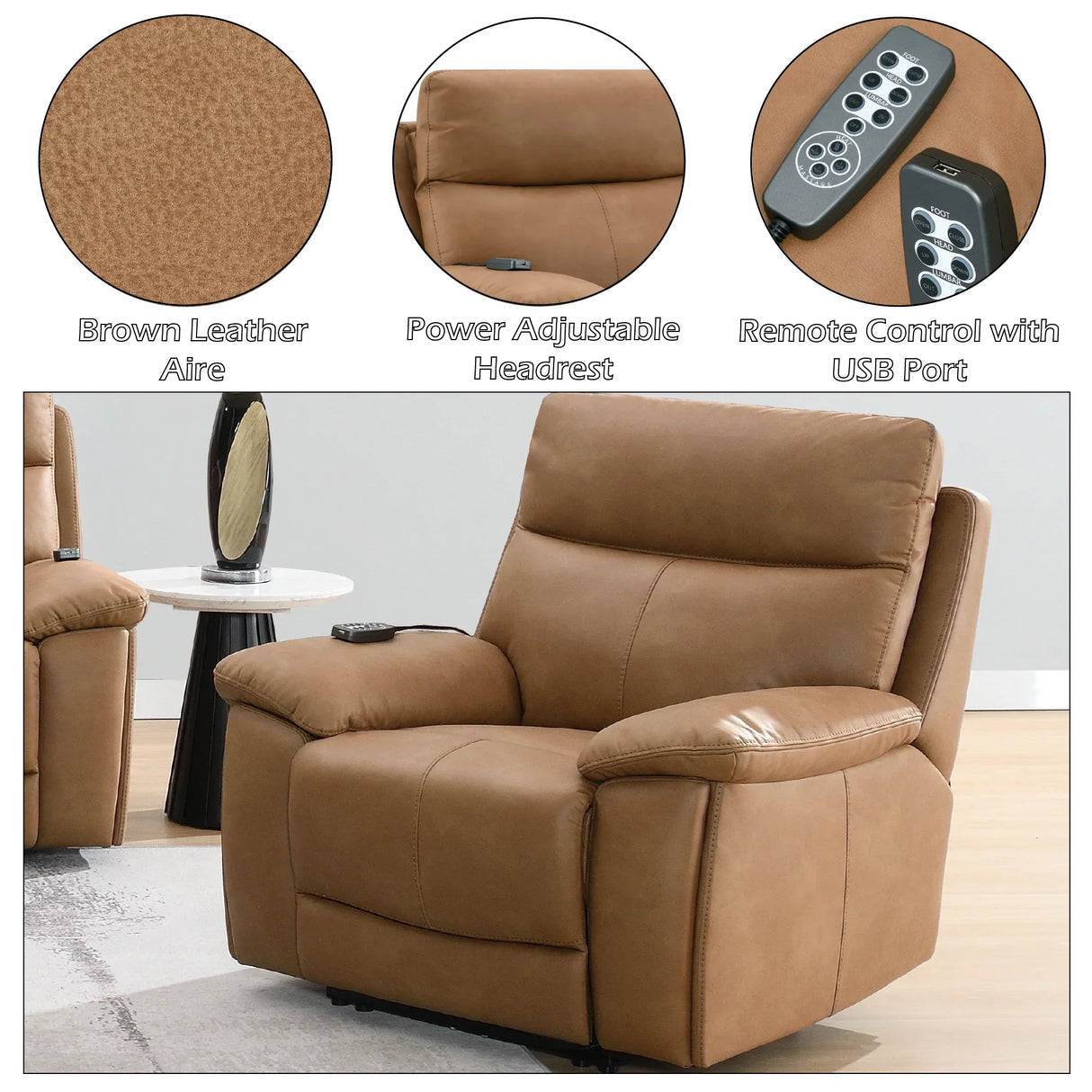 Brown Leather Aire Power Motion Recliner With USB And Power Headrest - Omega Lifestyles