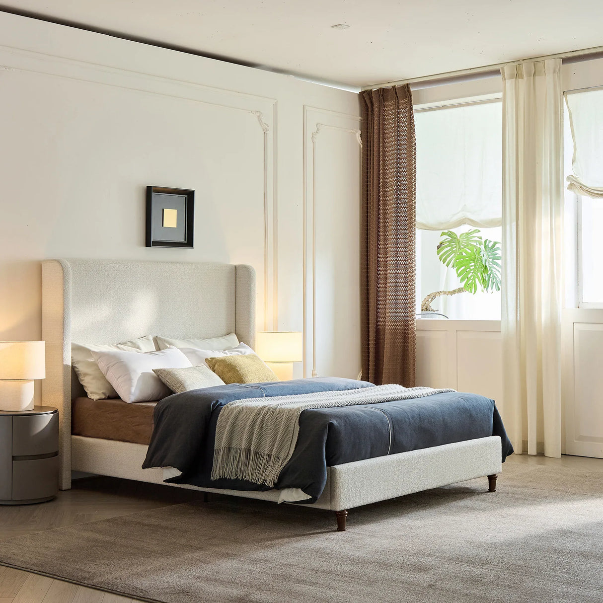 King Contemporary Cream White Boucle Upholstered Bed Frame - Omega Lifestyles