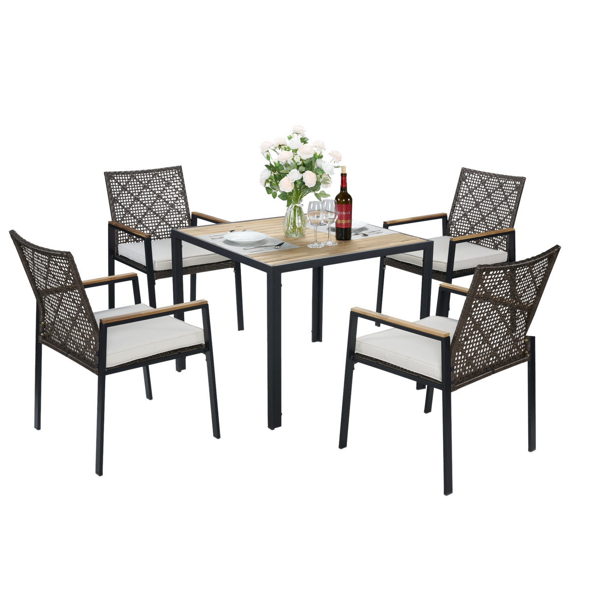 All Weather 5-Piece Acacia Wood Rattan Patio Dining Set