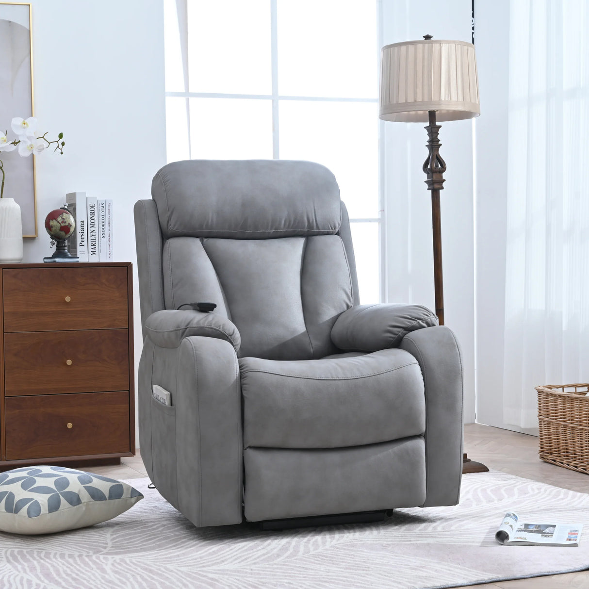 Power Lift Light Gray Fabric Recliner Chair With Remote - Omega Lifestyles