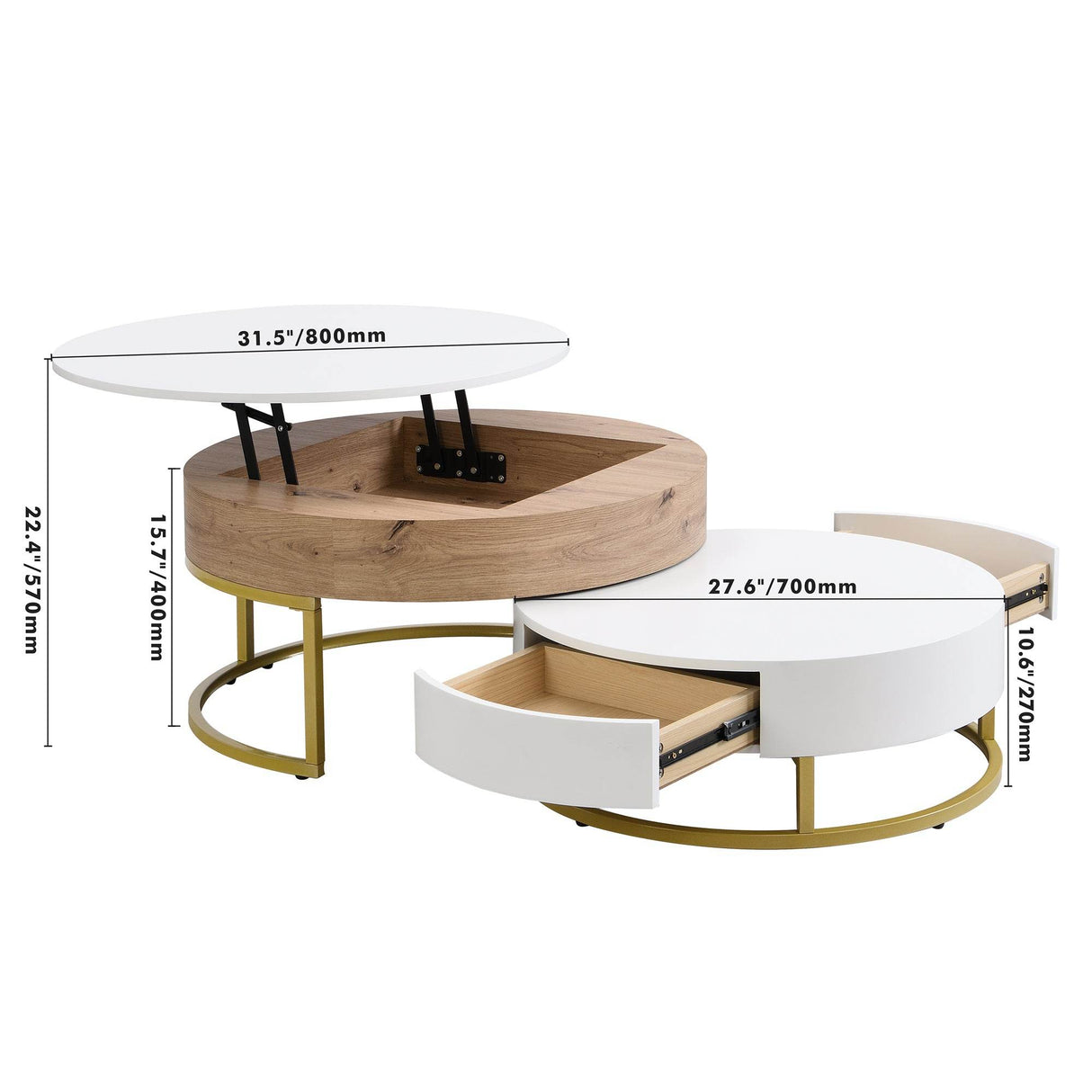 Modern Round Lift-Top Nesting Coffee Tables With Drawers - Sleep Galleria
