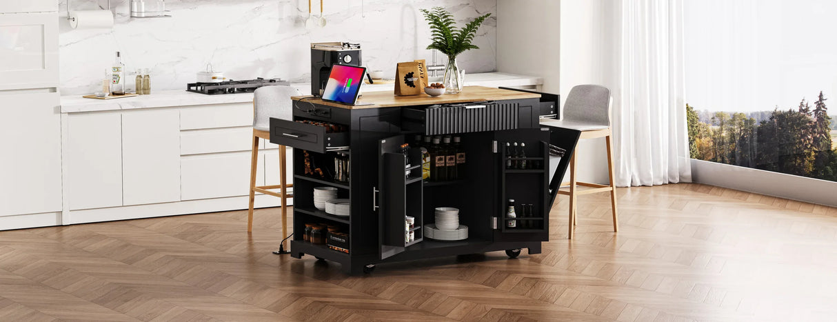 Fluted Rubber Wood Kitchen Island With Trash Can Cabinet - Omega Lifestyles