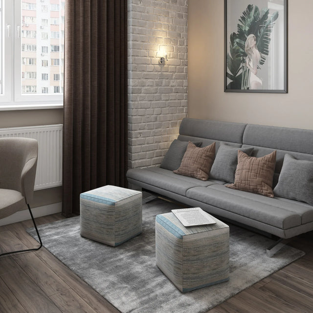 Blue Melange Upholstered Fabric Cube Pouf Ottoman - Omega Lifestyles