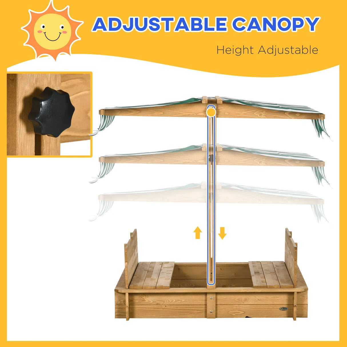 Children’s Outdoor Wooden Sandbox With Adjustable Canopy - Omega Lifestyles