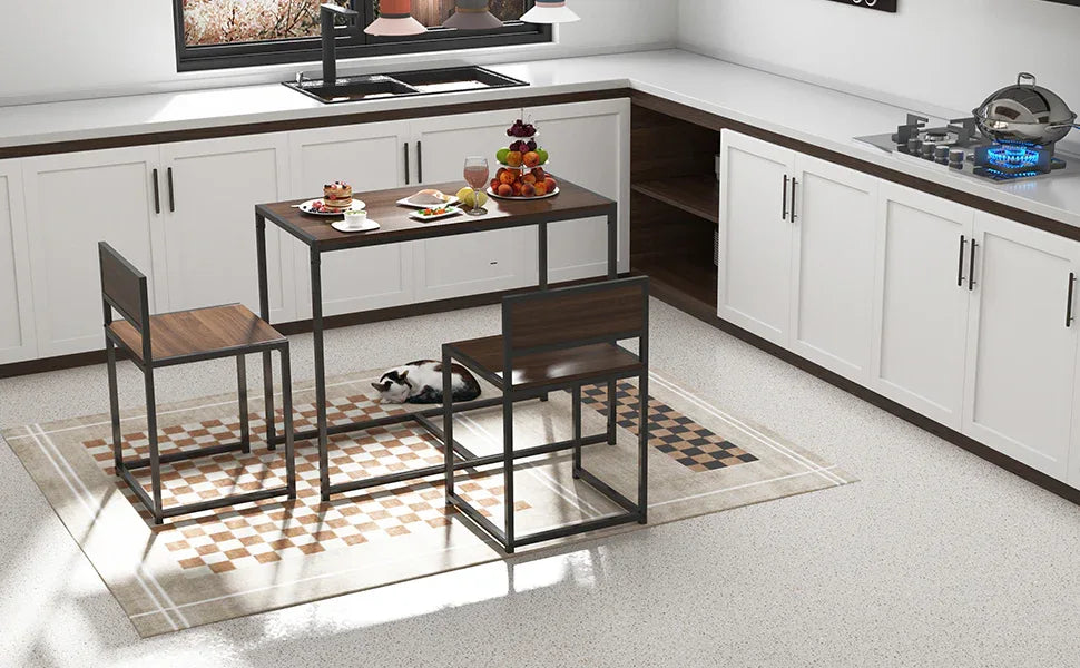 Modern Rectangular Brown MDF 3-Piece Dining Table Set - Omega Lifestyles