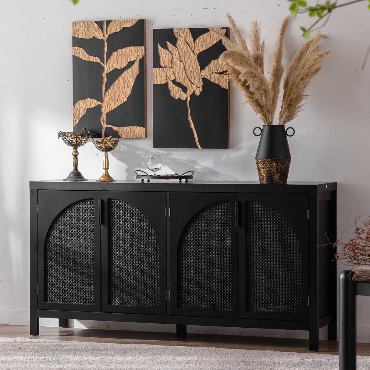 Modern Black MDF Rattan Storage Sideboard Cabinet - Omega Lifestyles
