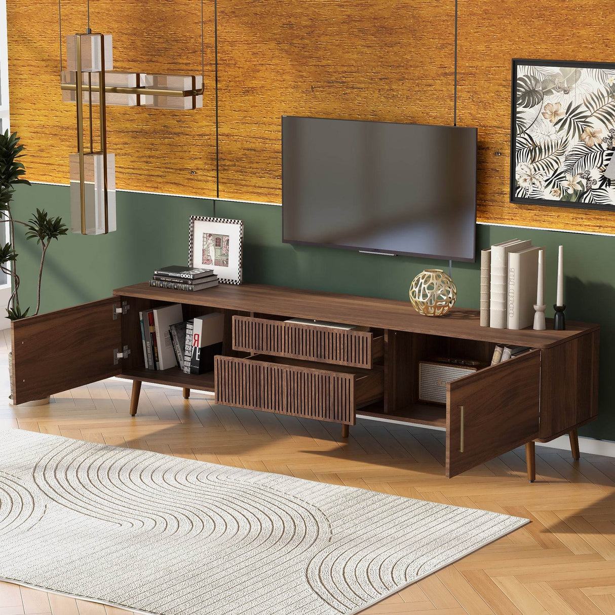 Mid Century Modern Walnut Wood TV Stand With Storage - Sleep Galleria