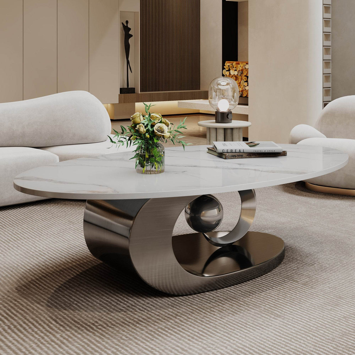 Faux Marble Oval Coffee Table With Sculptural Stainless Steel Base
