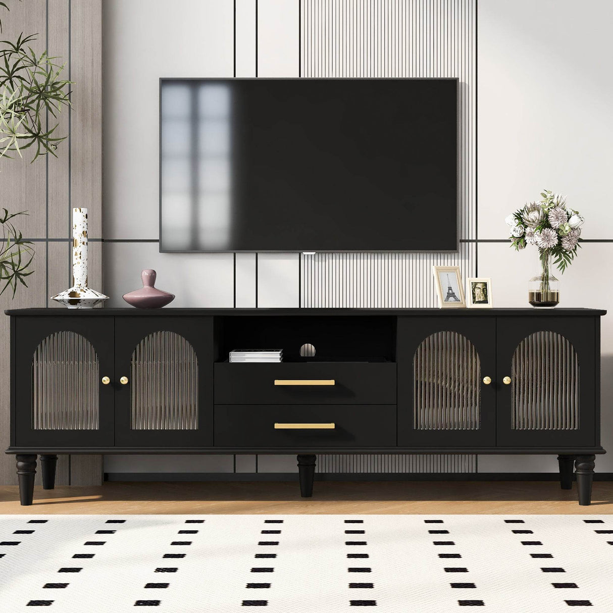 Retro Black MDF TV Stand With Drawers And Cabinets - Sleep Galleria