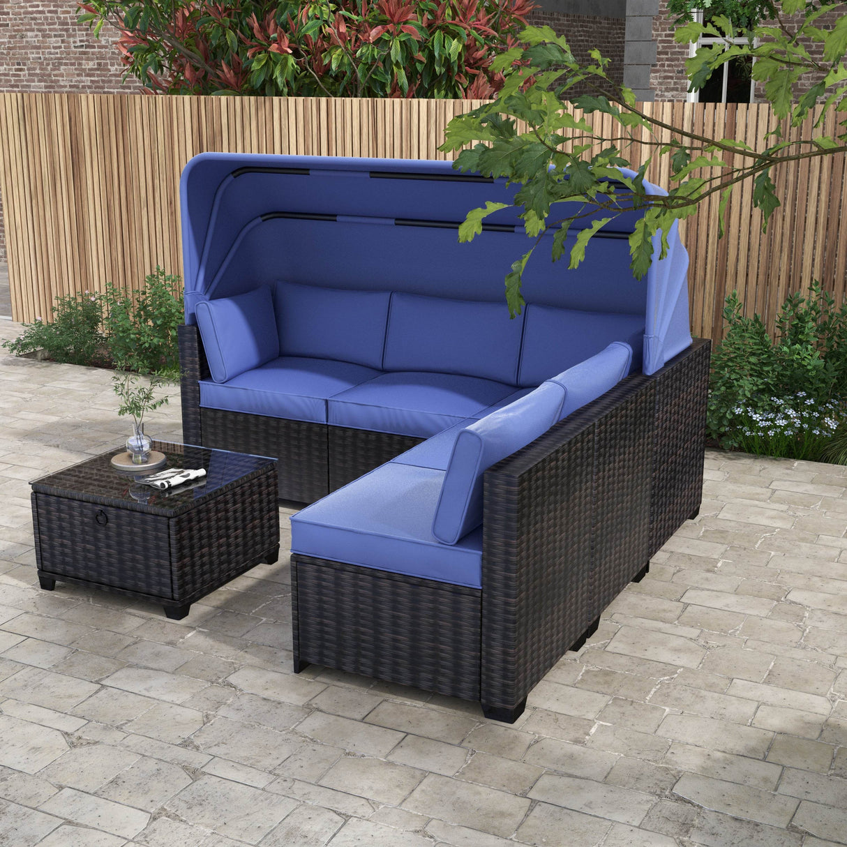 Outdoor Rattan Patio Sofa Set With Canopy And Ottoman