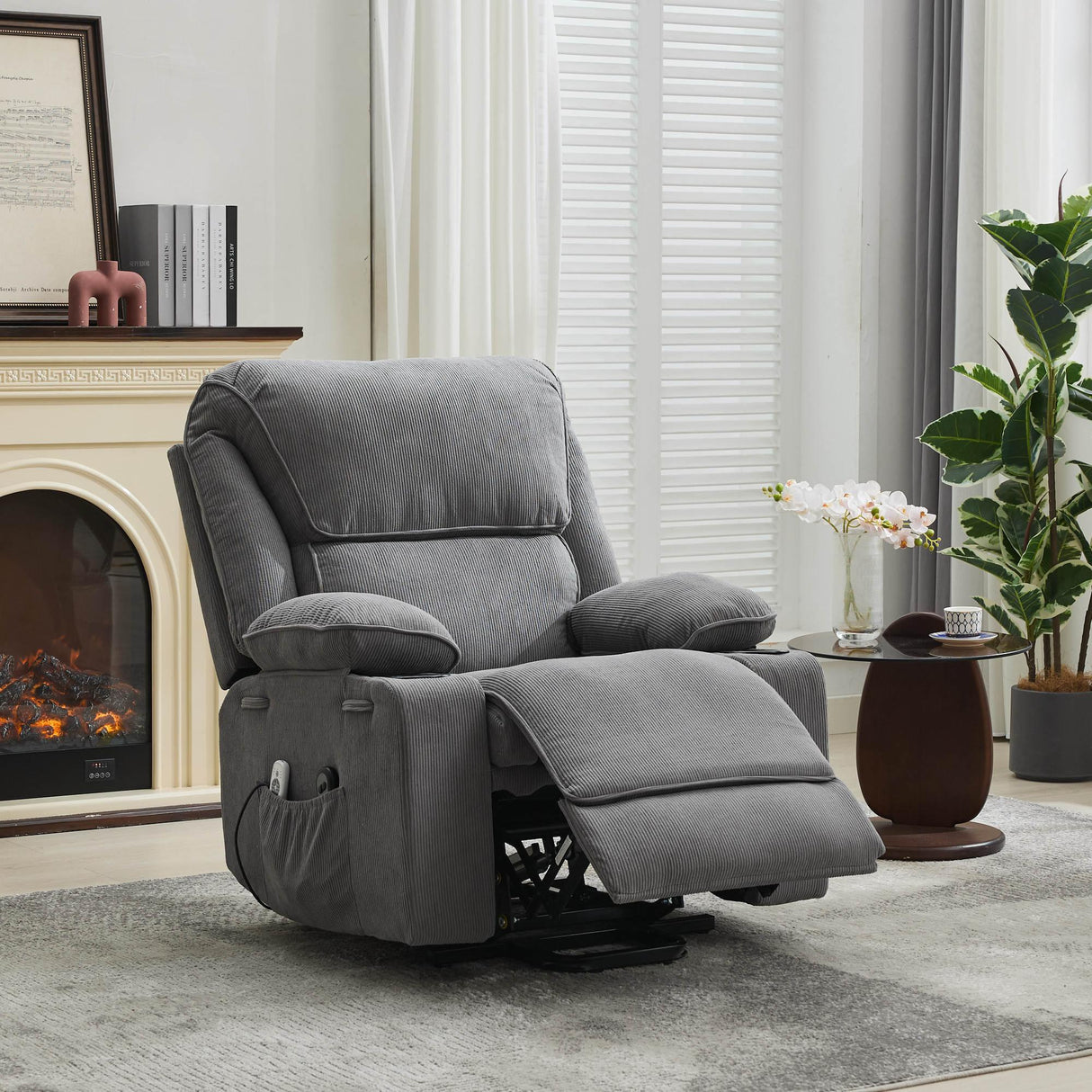 Medium-Firm Corduroy Remote-Controlled Heating Massage Recliner - Omega Lifestyles