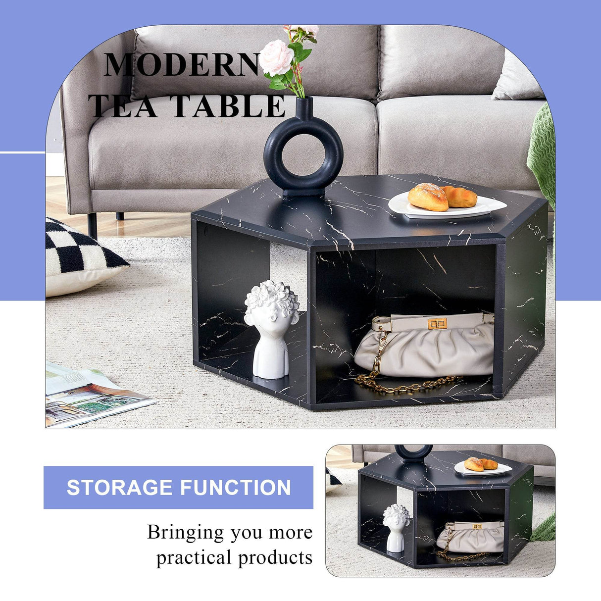 Set Of 2 Modern Minimalist Black Hexagonal Coffee Tables - Sleep Galleria