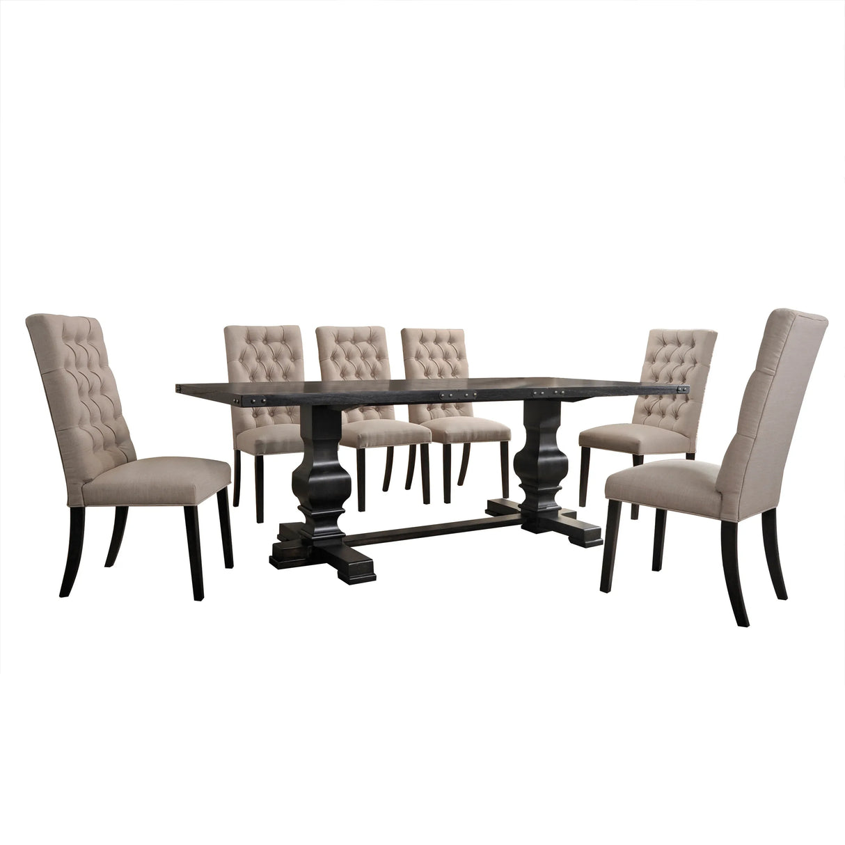 7-Piece Vintage Black Linen Synthetic Wood Dining Set - Omega Lifestyles